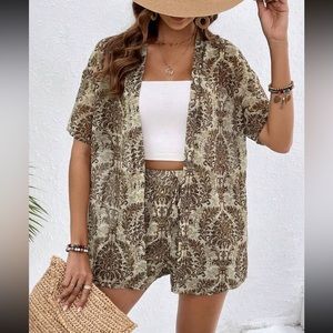 Tropical Plant Printed Kimono Shirt And Shorts Cover Up Set